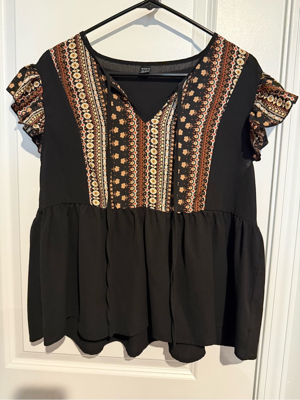 SHEIN Black Tunic Top with Rust & Cream Boho Stripes